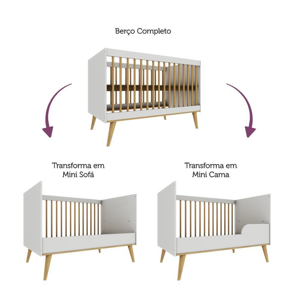 Quarto de Bebê Retrô Berço 3 em 1 Cômoda 4 Gavetas com Fraldário Guarda Roupas 3 Portas Lígia Off White com Bétula Carolina Baby