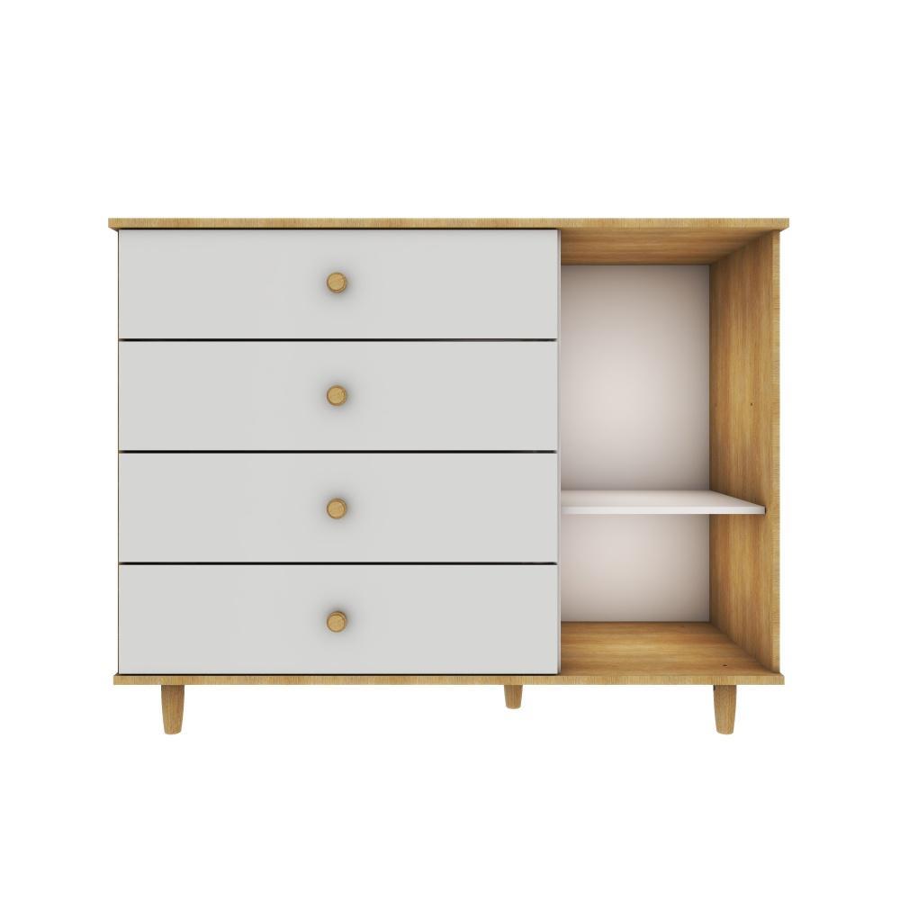 Quarto de Bebê Retrô Berço 3 em 1 Cômoda 4 Gavetas com Fraldário Guarda Roupas 3 Portas Lígia Off White com Bétula Carolina Baby