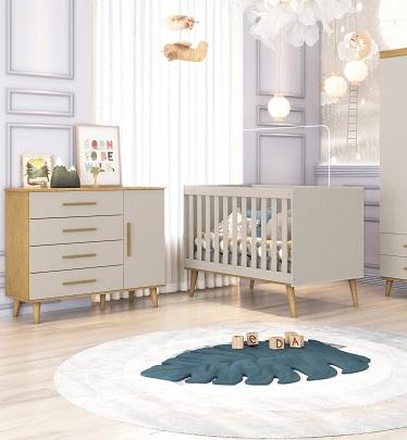 Quarto de Bebê Retrô Berço 3 em 1 Cômoda com Fraldário Ludmila Off White Carolina Baby