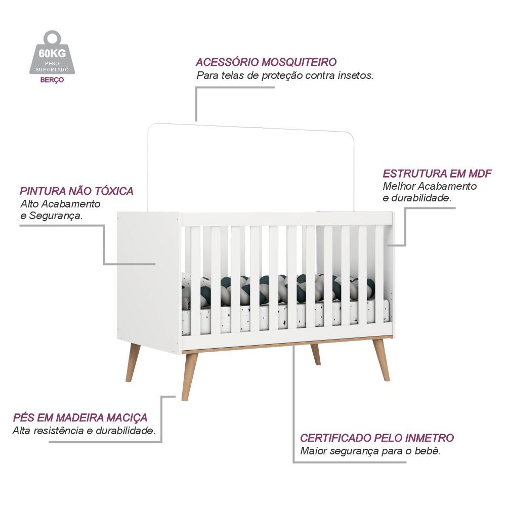 Quarto de Bebê Retrô Berço 3 em 1 Ludmila Cômoda 4 Gavetas com Porta Cris Carolina Baby