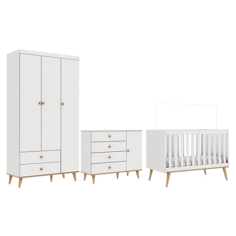 Quarto de Bebê Retrô Lígia Berço 3 em 1 Ludmila Guarda Roupa 3 Portas Cômoda Infantil 4 Gavetas com Porta Branco com Bétula Carolina Baby