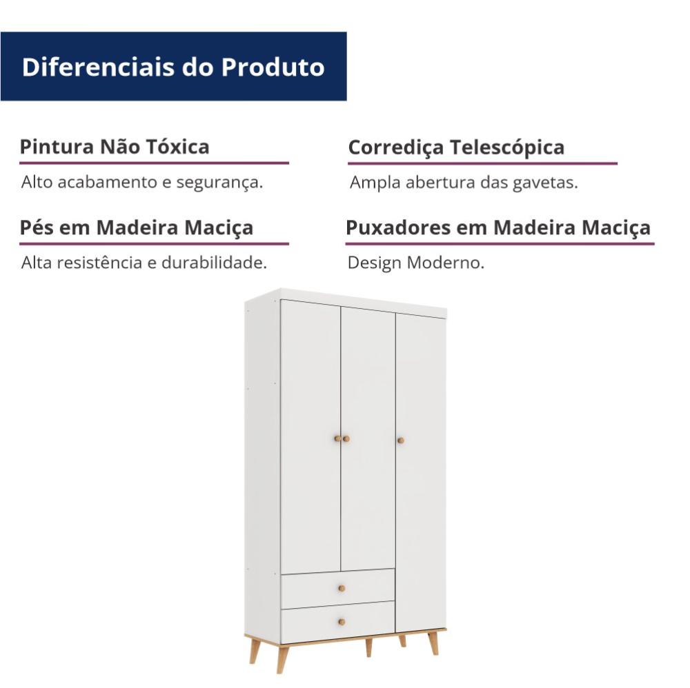 Quarto de Bebê Retrô Lígia Berço 3 em 1 Ludmila Guarda Roupa 3 Portas Cômoda Infantil 4 Gavetas com Porta Branco com Bétula Carolina Baby