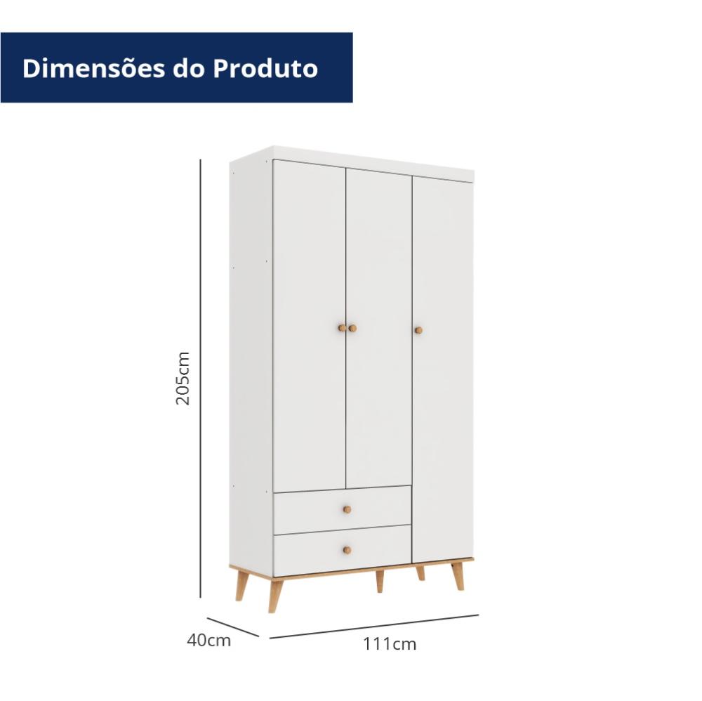 Quarto de Bebê Retrô Lígia Berço 3 em 1 Ludmila Guarda Roupa 3 Portas Cômoda Infantil 4 Gavetas com Porta Branco com Bétula Carolina Baby