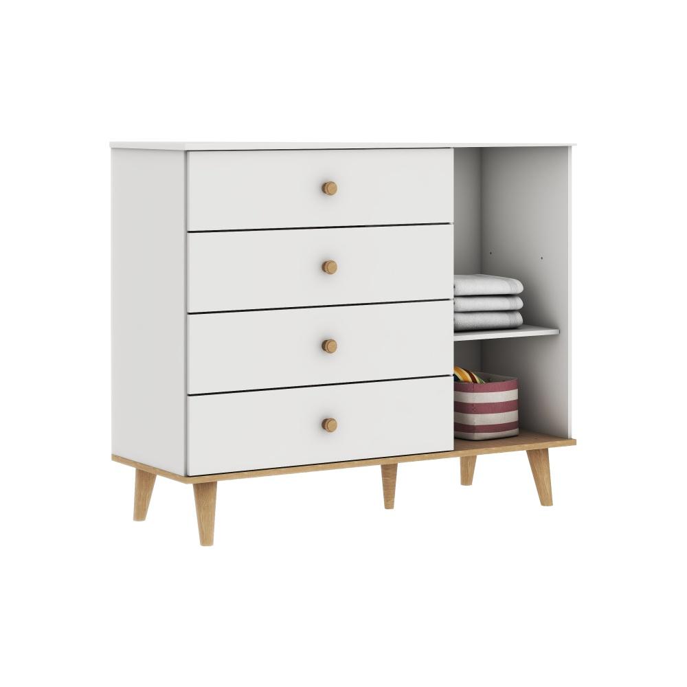 Quarto de Bebê Retrô Lígia Berço 3 em 1 Ludmila Guarda Roupa 3 Portas Cômoda Infantil 4 Gavetas com Porta Branco com Bétula Carolina Baby