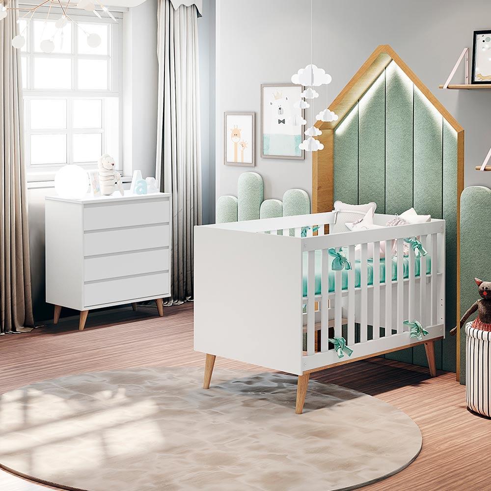 Quarto de Bebê Retrô Lorena Berço 3 em 1 Ludmila Cômoda Infantil Branco Fosco Bétula Carolina Baby