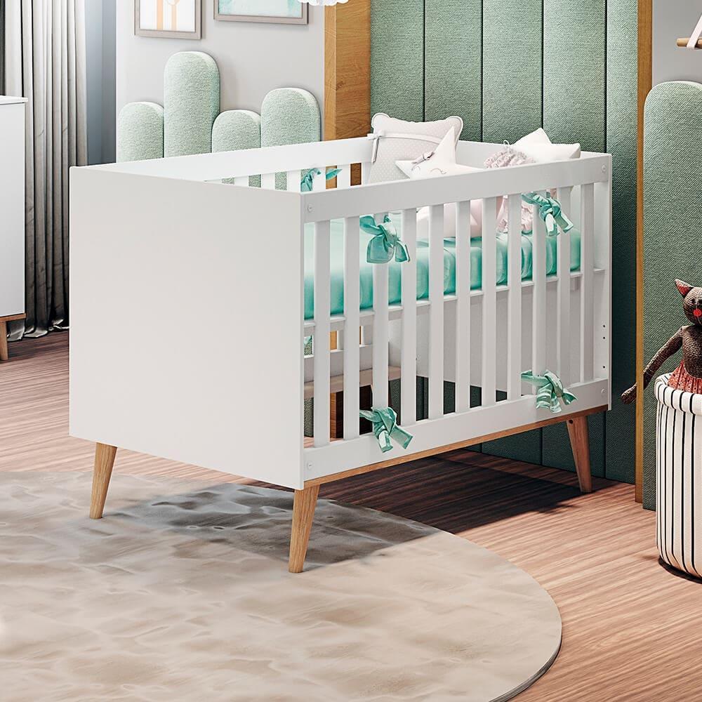 Quarto de Bebê Retrô Lorena Berço 3 em 1 Ludmila Cômoda Infantil Branco Fosco Bétula Carolina Baby