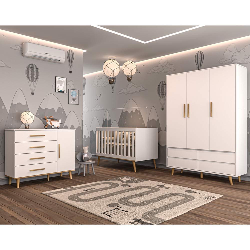 Quarto de Bebê Retrô Lorena Completo Berço 3 em 1 Ludmila Guarda Roupa 3 Portas Cômoda Infantil com Porta Branco Fosco Carolina Baby