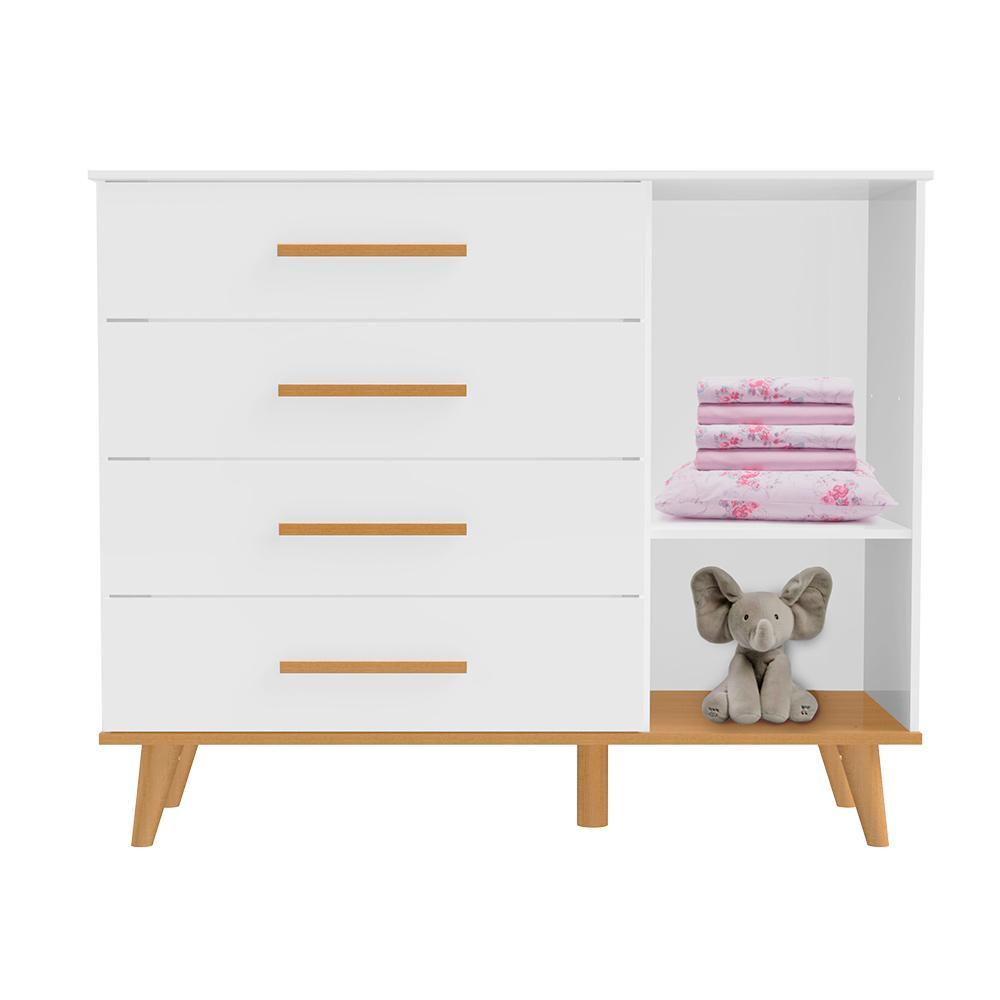 Quarto de Bebê Retrô Lorena Completo Berço 3 em 1 Ludmila Guarda Roupa 3 Portas Cômoda Infantil com Porta Branco Fosco Carolina Baby