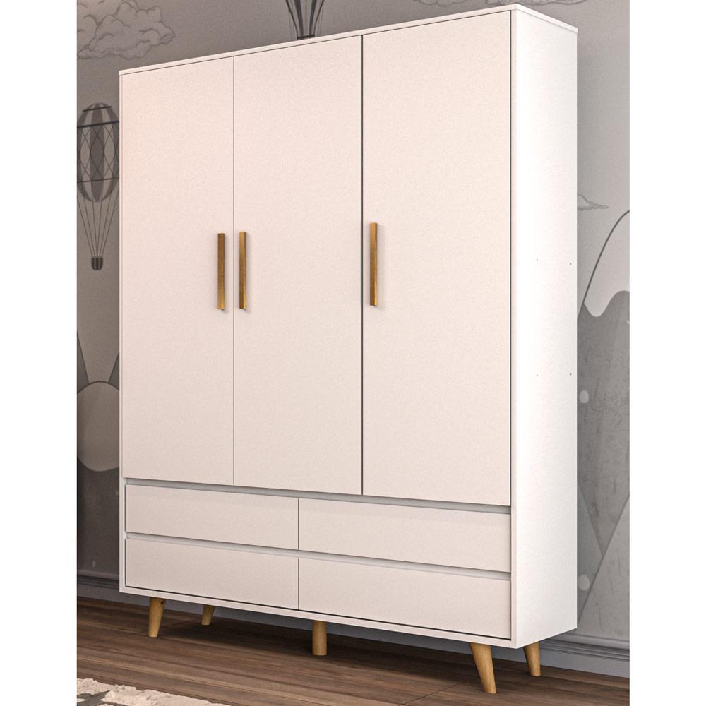 Quarto de Bebê Retrô Lorena Completo Berço 3 em 1 Ludmila Guarda Roupa 3 Portas Cômoda Infantil com Porta Branco Fosco Carolina Baby