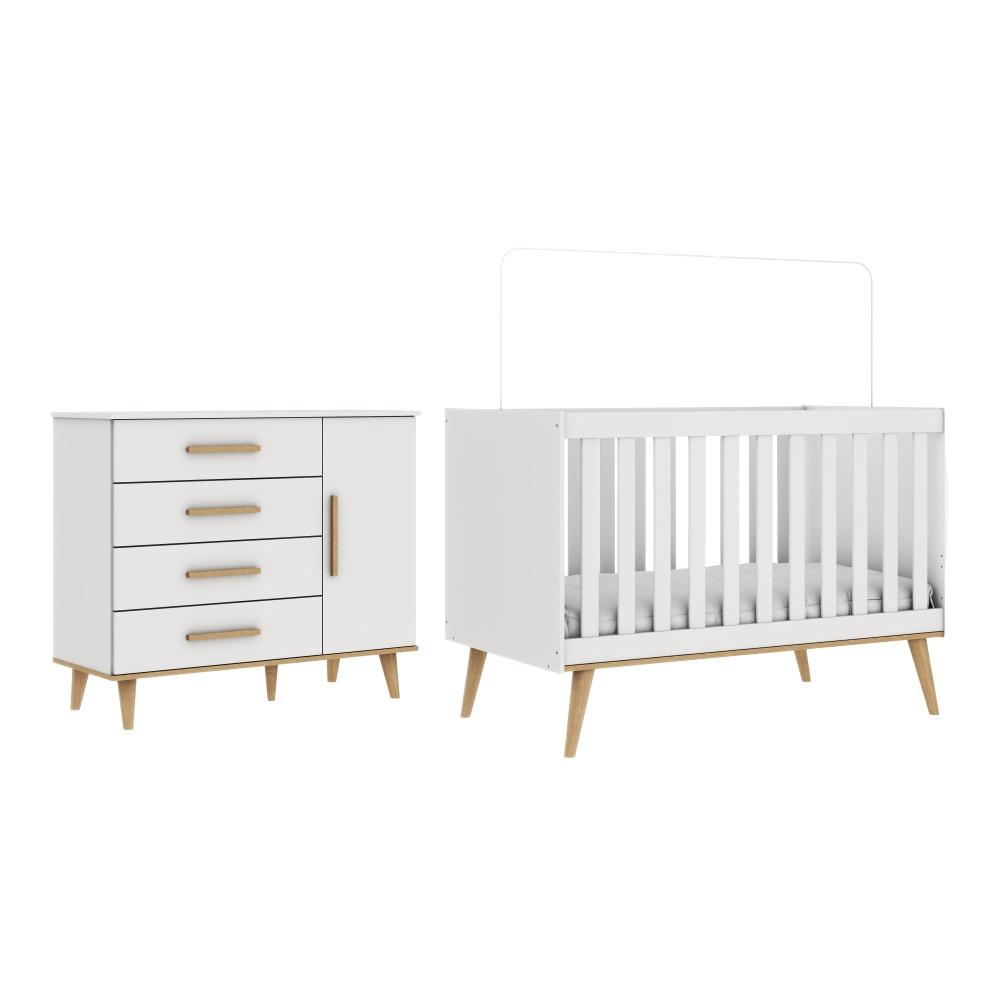 Quarto de Bebê Retrô Ludmila Berço 3 em 1 Cômoda Infantil Branco Bétula Carolina Baby