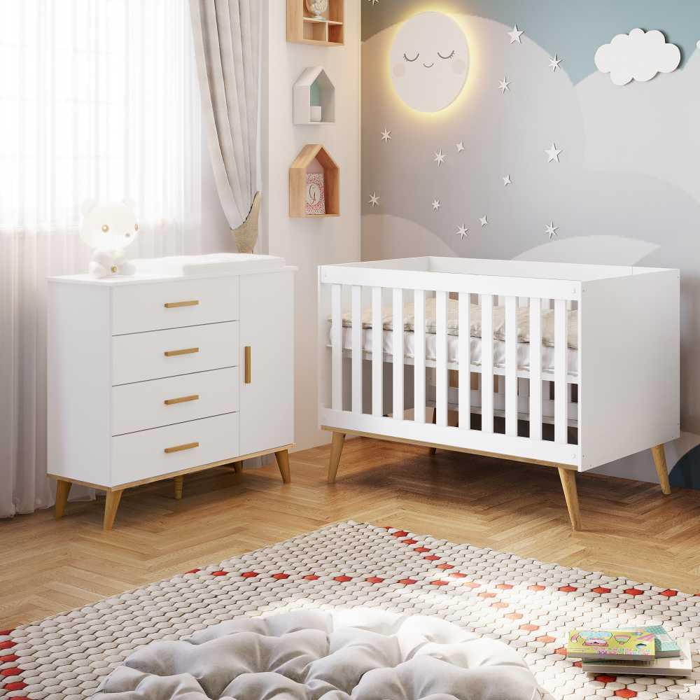 Quarto de Bebê Retrô Ludmila Berço 3 em 1 Cômoda Infantil Branco Bétula Carolina Baby