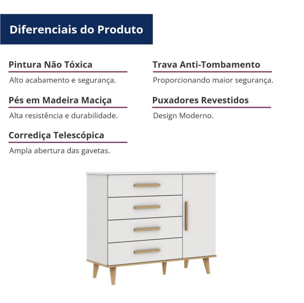 Quarto de Bebê Retrô Ludmila Berço 3 em 1 Cômoda Infantil Branco Bétula Carolina Baby