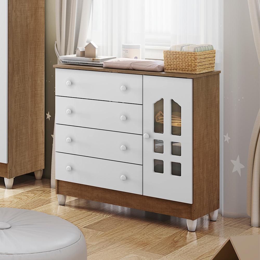 Quarto de Bebê Selena Berço 3 em 1 Gabrielle Cômoda Infantil com Porta Branco Amadeirado Carolina Baby