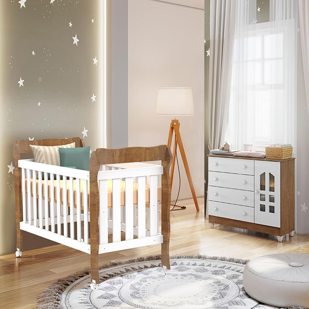 Quarto de Bebê Selena Berço 3 em 1 Lila Cômoda Infantil com Porta Branco Amadeirado Carolina Baby