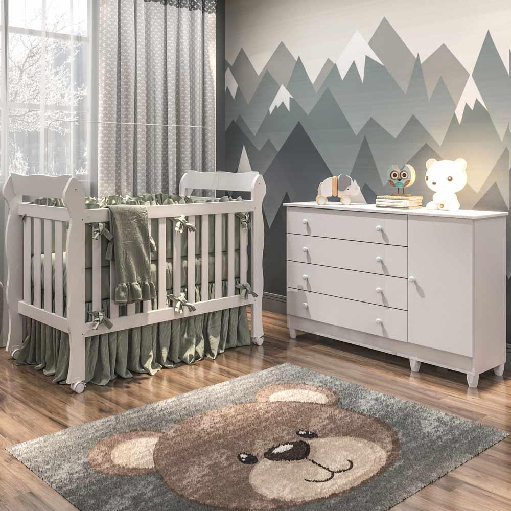Quarto de Bebê Taís Berço 3 em 1 Lila Cômoda Infantil 4 Gavetas com Porta Branco Carolina Baby