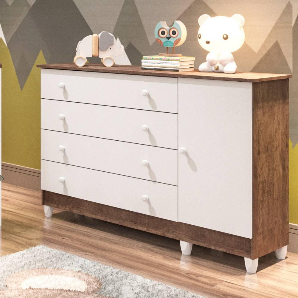 Quarto de Bebê Taís Berço Mini Cama Mirelle Cômoda Infantil 4 Gavetas com Porta Branco Amadeirado Carolina Baby