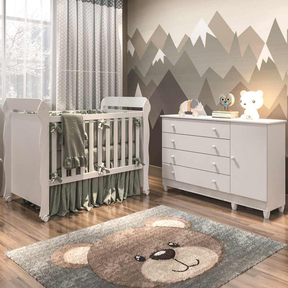 Quarto de Bebê Taís Berço Mini Cama Mirelle Cômoda Infantil 4 Gavetas com Porta Branco Carolina Baby