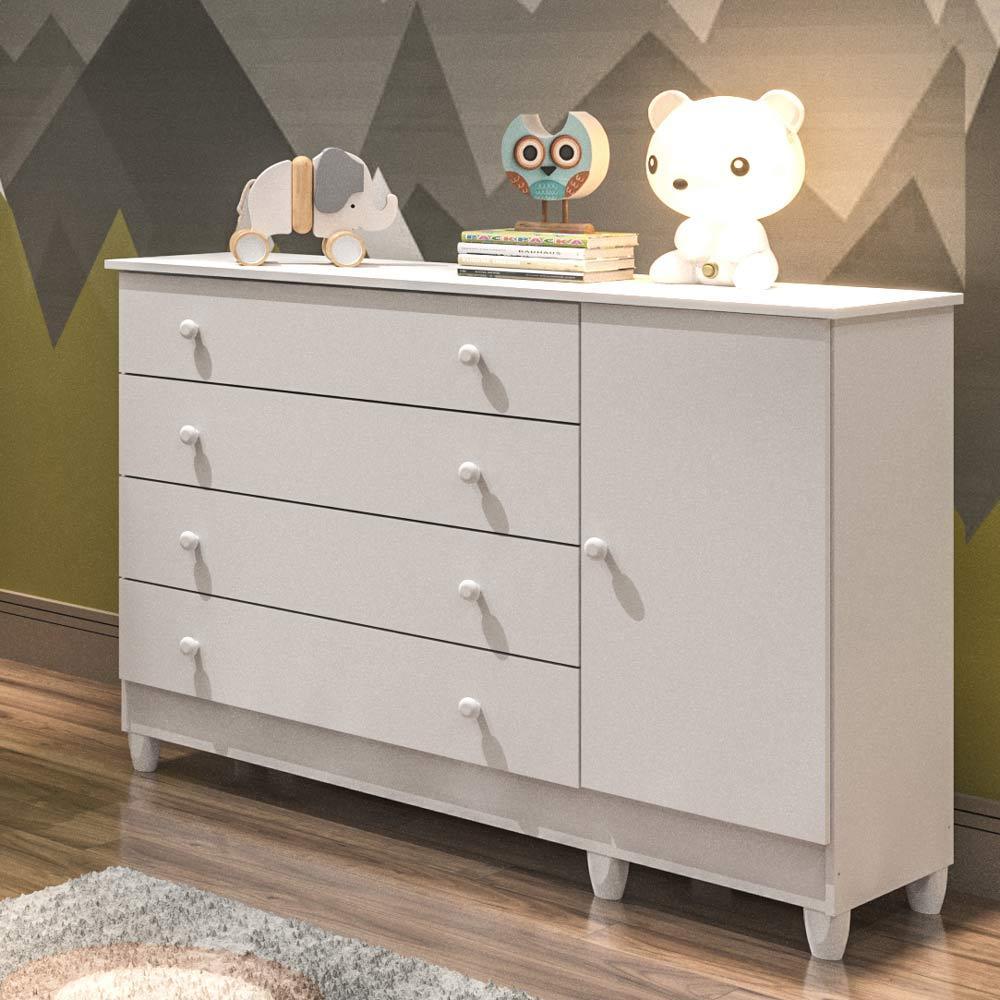 Quarto de Bebê Taís Berço Mini Cama Mirelle Cômoda Infantil 4 Gavetas com Porta Branco Carolina Baby