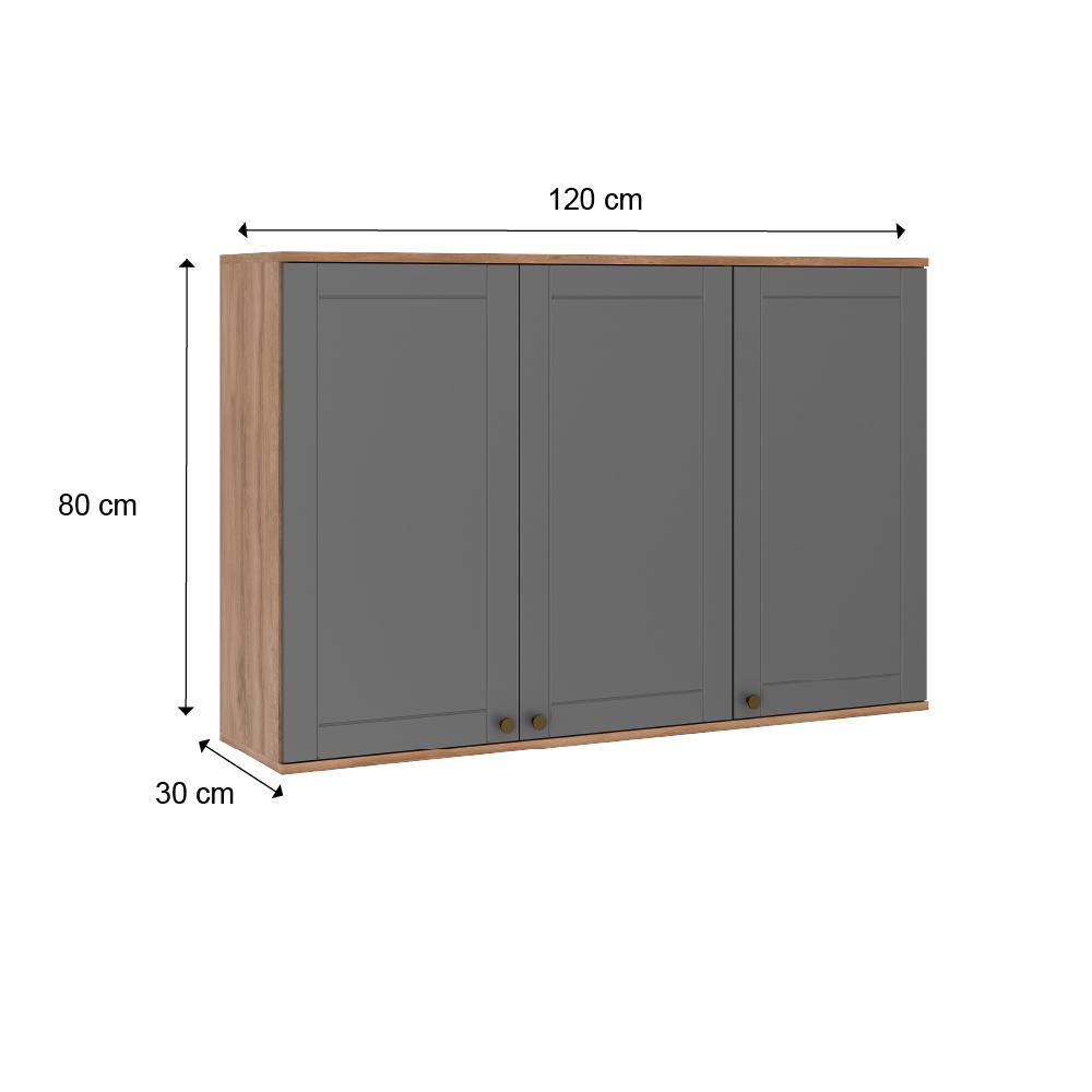 Armário Aéreo Milla 3 Portas Nog/Cinza 120cm Carraro