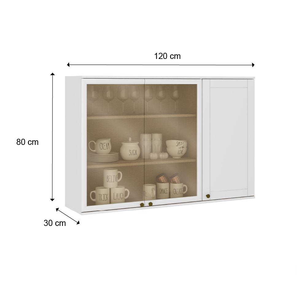 Armário Aéreo Milla com Portas de Vidro e Branco MDF 120cm Carraro