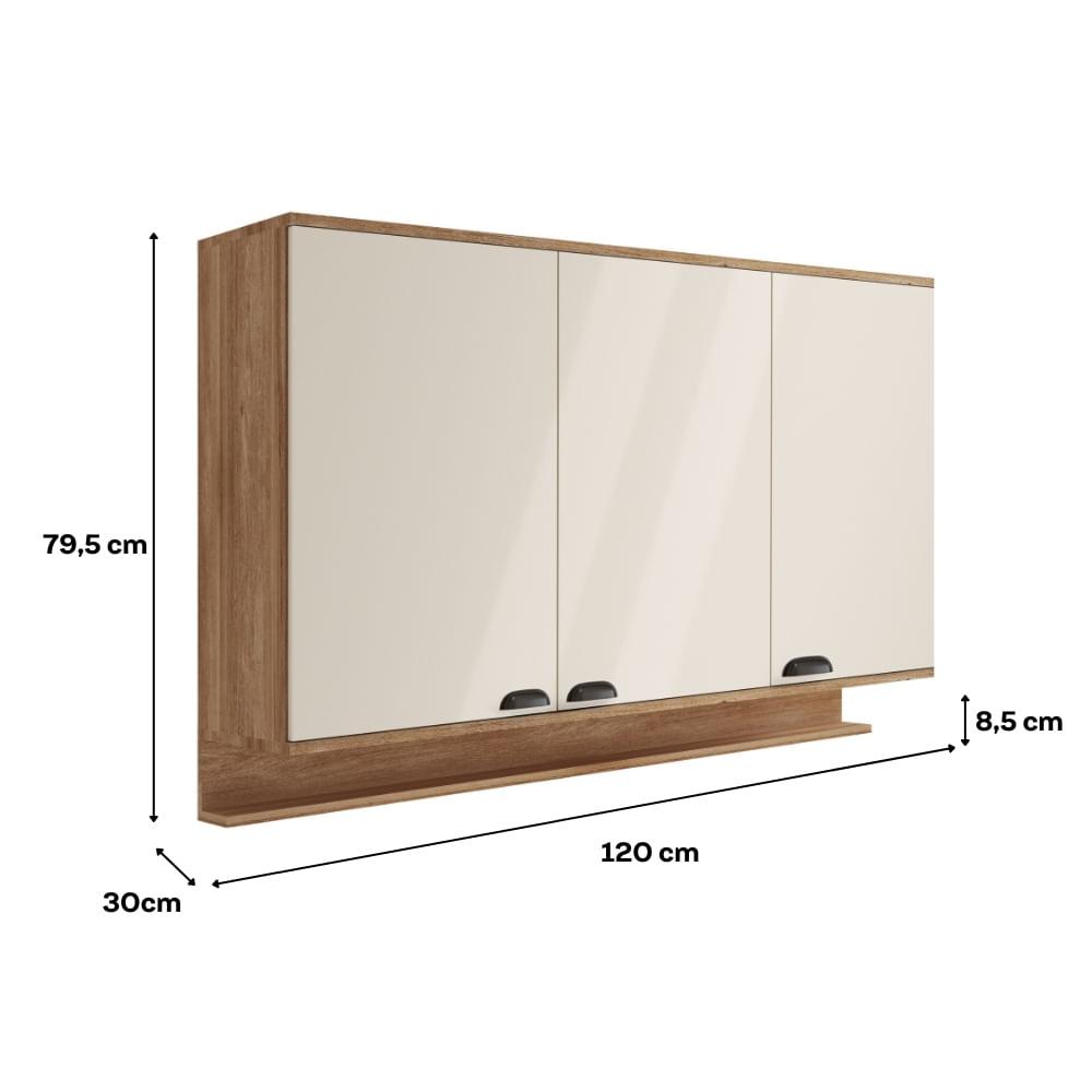 Armário Aéreo de Cozinha 1200mm 3 Portas c/ Porta Temperos Lótus Carraro Freijó c/ Off White