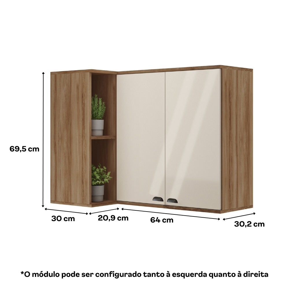 Armário Aéreo de Cozinha 2 Portas com Nicho de Canto Lótus Carraro Freijó c/ Off White