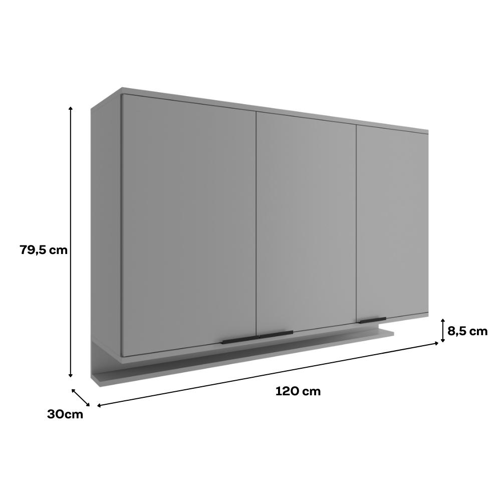 Armário Aéreo de Cozinha Miami 1200mm 3 Portas c Porta Temperos Carraro Cinza Titânio