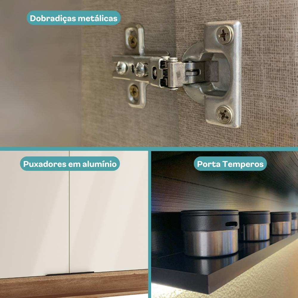 Armário Aéreo de Cozinha Miami 1200mm 3 Portas c Porta Temperos Carraro Freijó com Off White
