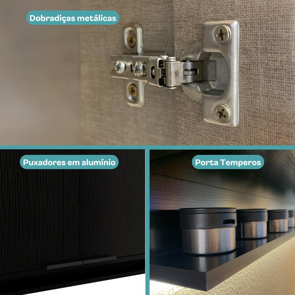 Armário Aéreo de Cozinha Miami 1200mm 3 Portas c Porta Temperos Carraro Preto Touch