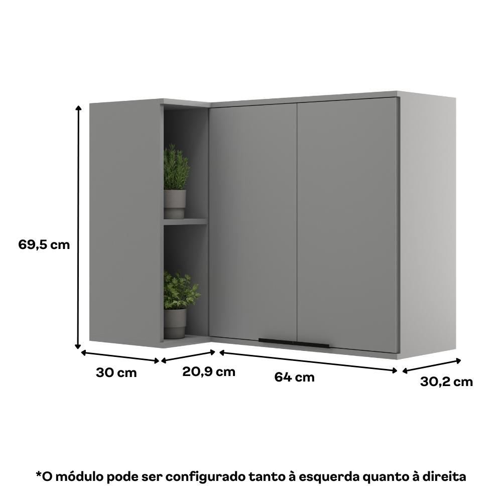 Armário Aéreo de Cozinha Miami 2 Portas com Nicho de Canto Carraro Cinza Titânio