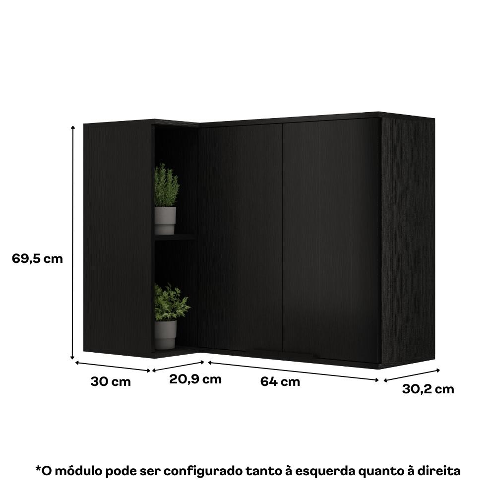 Armário Aéreo de Cozinha Miami 2 Portas com Nicho de Canto Carraro Preto Touch