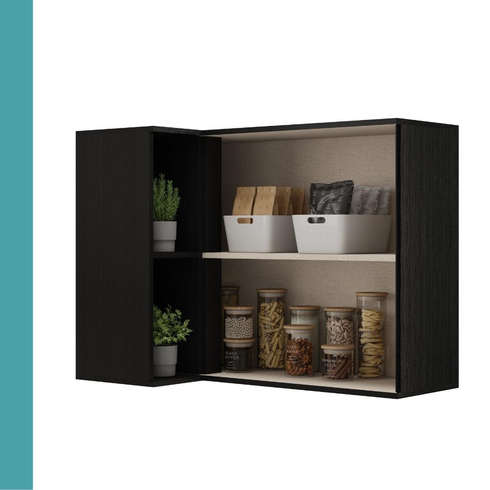 Armário Aéreo de Cozinha Miami 2 Portas com Nicho de Canto Carraro Preto Touch