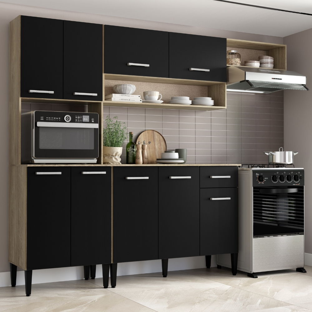 Armário Cozinha Compacta Arizona Smart Carraro - Carvalho/Preto