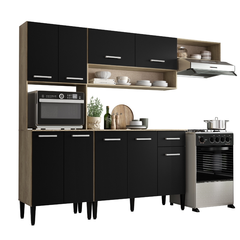Armário Cozinha Compacta Arizona Smart Carraro - Carvalho/Preto