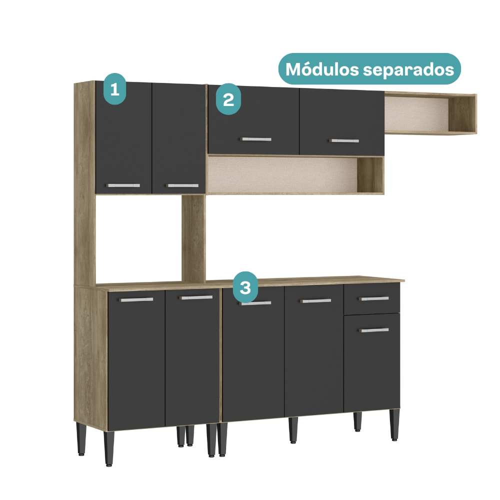Armário Cozinha Compacta Arizona Smart Carraro - Carvalho/Preto