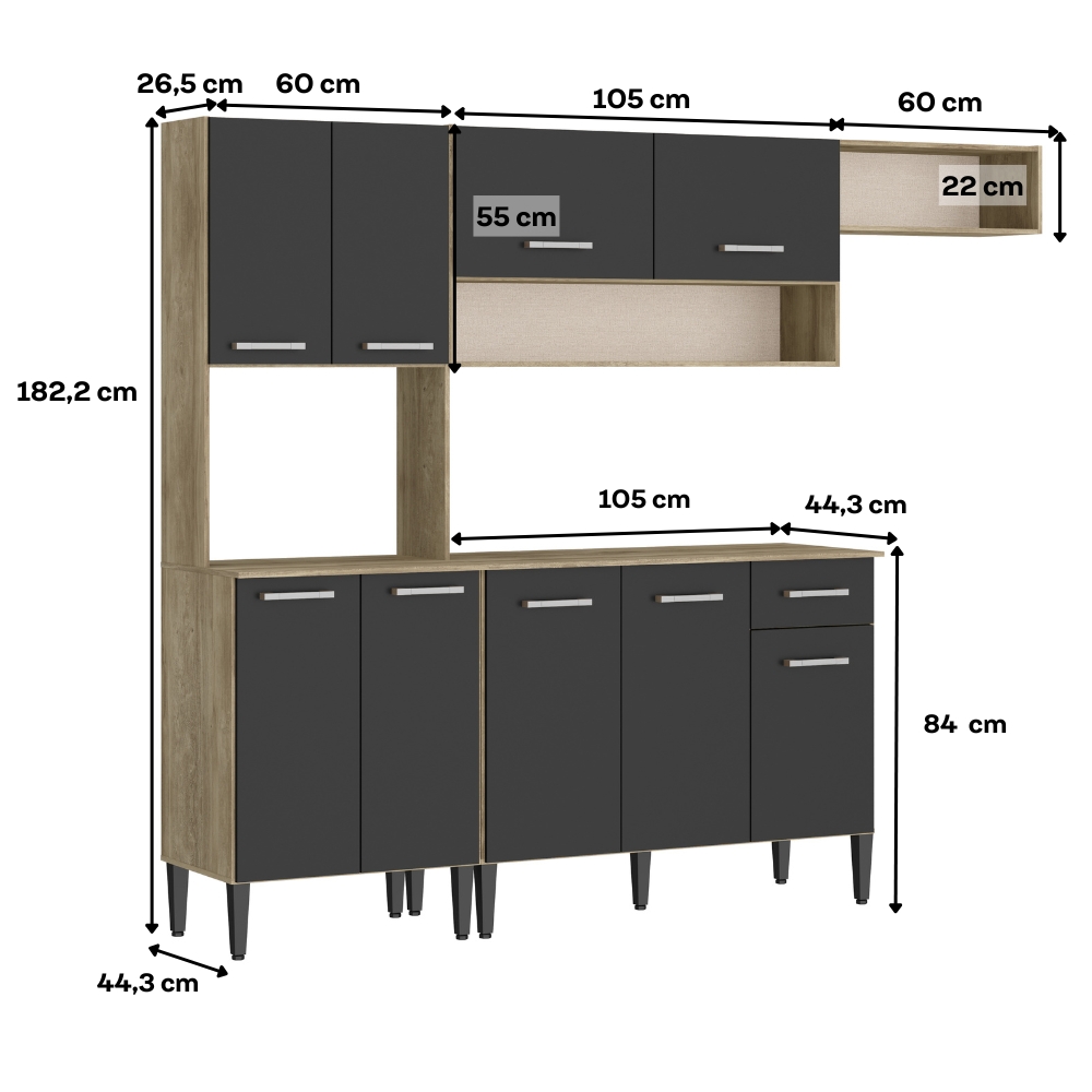 Armário Cozinha Compacta Arizona Smart Carraro - Carvalho/Preto
