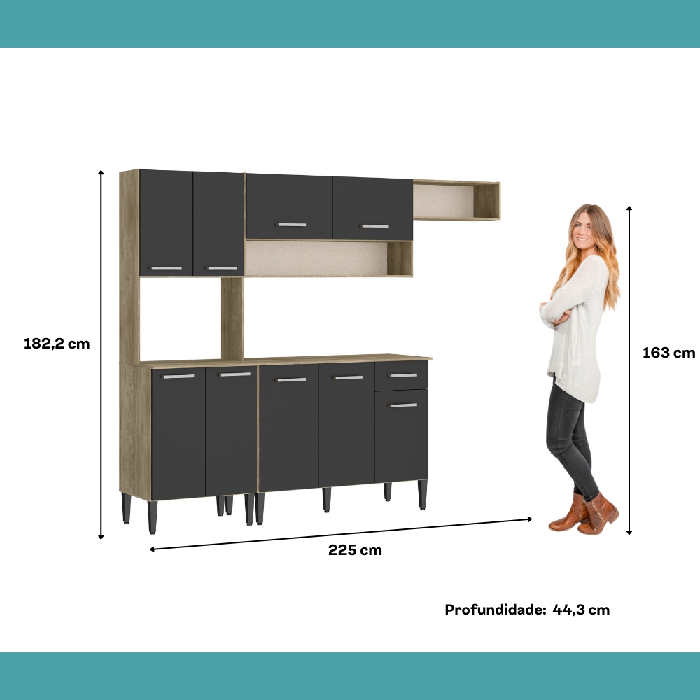 Armário Cozinha Compacta Arizona Smart Carraro - Carvalho/Preto