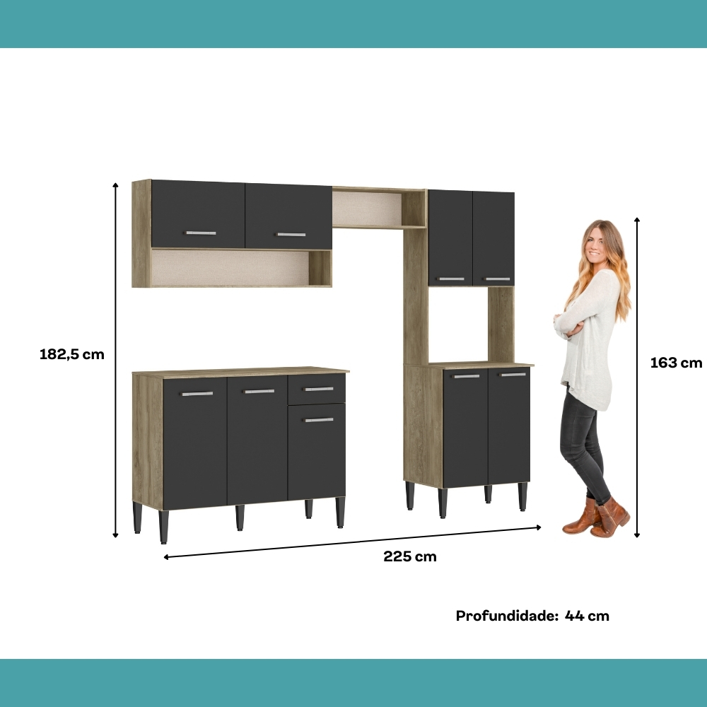 Armário Cozinha Compacta Arizona Smart Carvalho/Preto Carraro