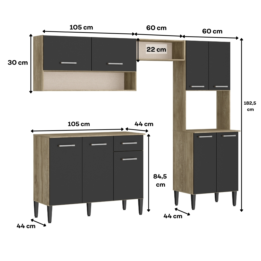 Armário Cozinha Compacta Arizona Smart Carvalho/Preto Carraro