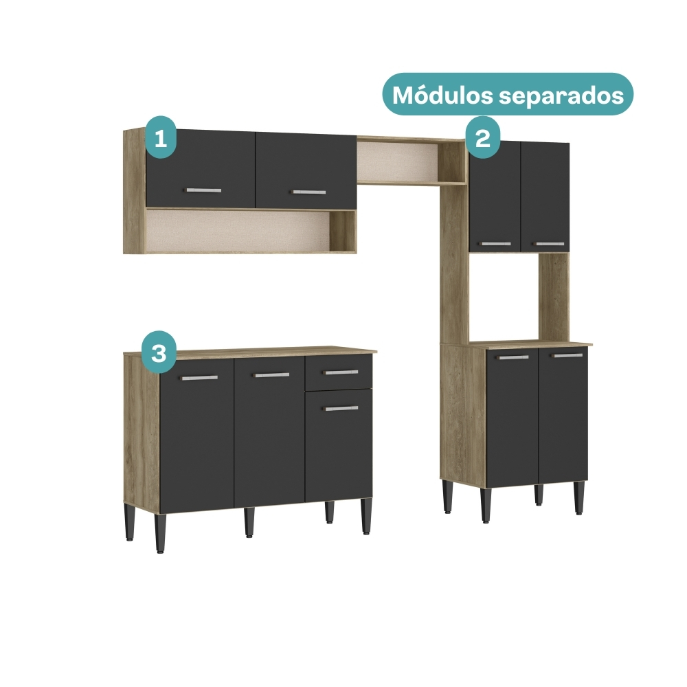Armário Cozinha Compacta Arizona Smart Carvalho/Preto Carraro