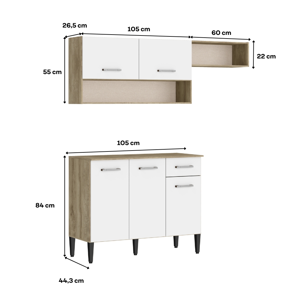 Armário Cozinha Compacta Arizona Tiny Carraro - Carvalho/Branco