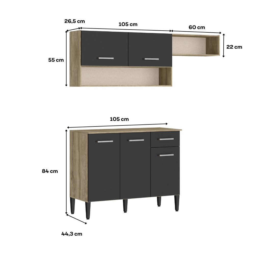 Armário Cozinha Compacta Arizona Tiny Carraro - Carvalho/Preto