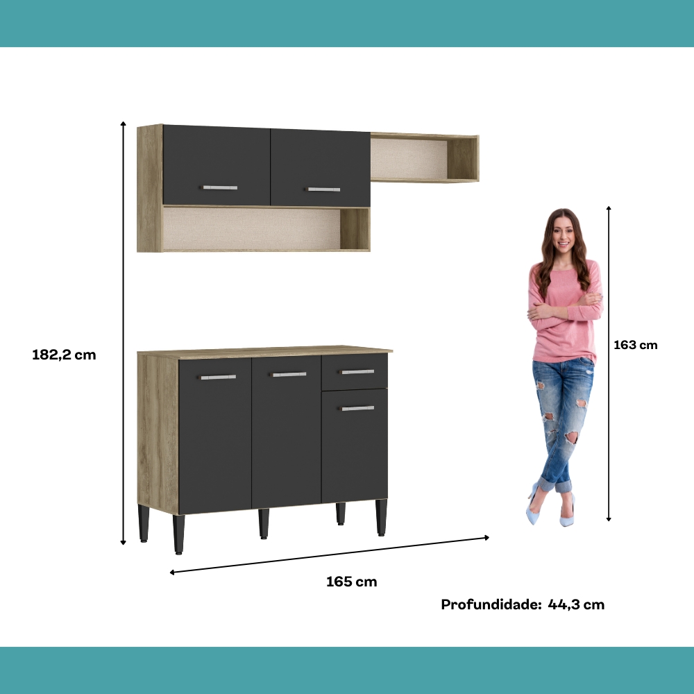 Armário Cozinha Compacta Arizona Tiny Carraro - Carvalho/Preto