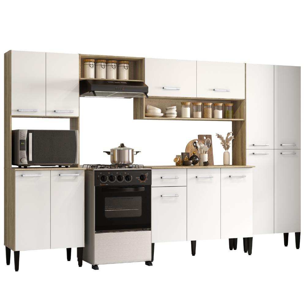 Armário Cozinha Completa Arizona Plus Carvalho com Branco Carraro