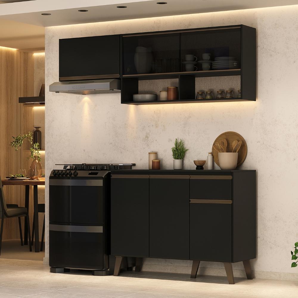Armário de Cozinha Compacta Atlanta Kitch Carraro Preto Touch