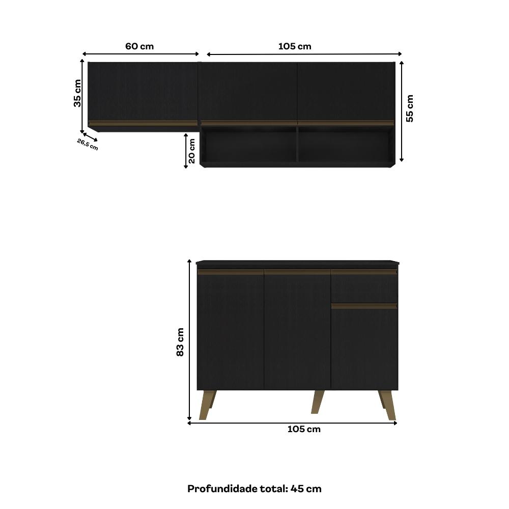 Armário de Cozinha Compacta Atlanta Petit Carraro Preto Touch