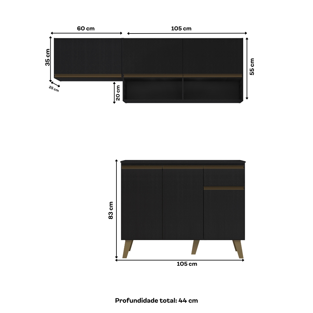 Armário de Cozinha Compacta Atlanta Petit Carraro Preto Touch