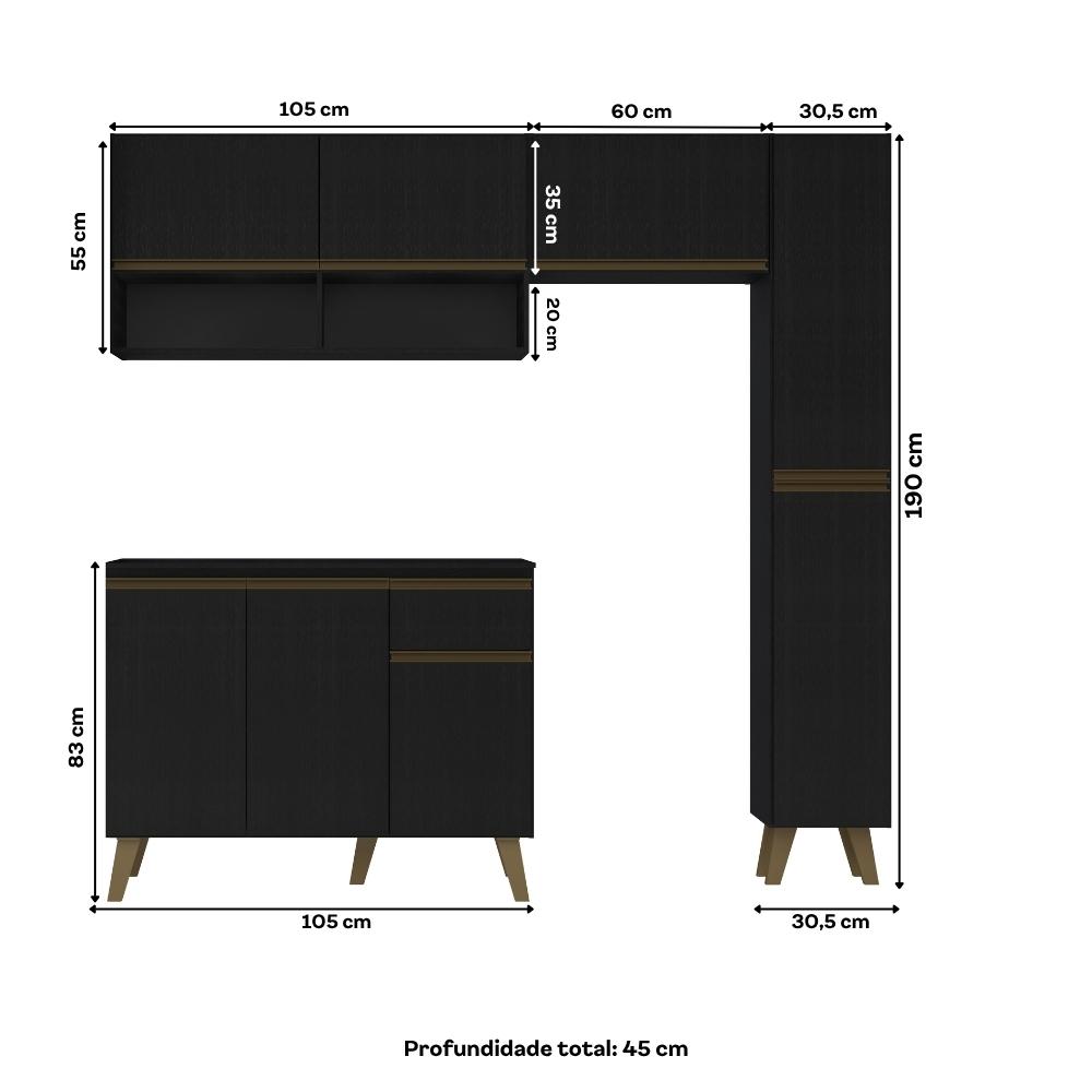 Armário de Cozinha Completa Atlanta Slim Preto Touch