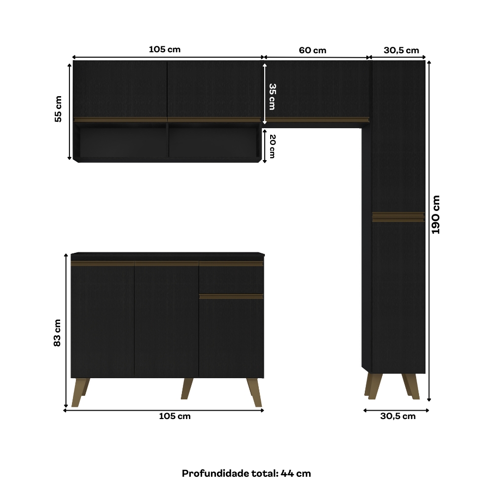 Armário de Cozinha Completa Atlanta Slim Preto Touch