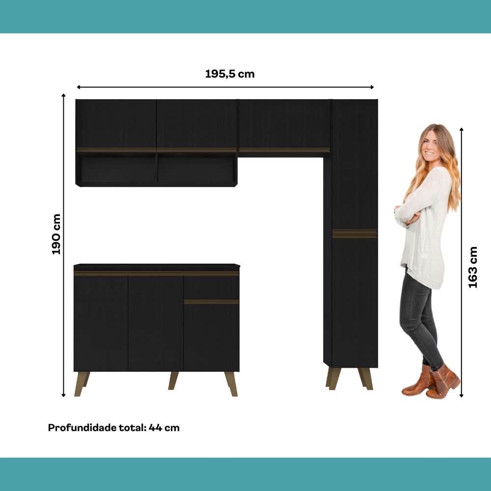 Armário de Cozinha Completa Atlanta Slim Preto Touch